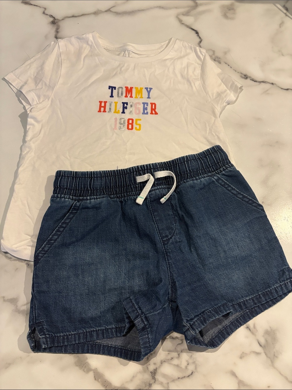 Girls size 6-7 Tommy Hilfiger Girls' White Logo Tee with Jean Shorts